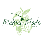 Logo for Mahiʻai Made featuring an outline of a cacao branch with pods. Mahiʻai is the Hawaiʻian word for "farmer" or "the act of farming." The Hawaiʻian Islands make up the last "i" in Mahiʻai. Hilo, Hawaiʻi is our location.